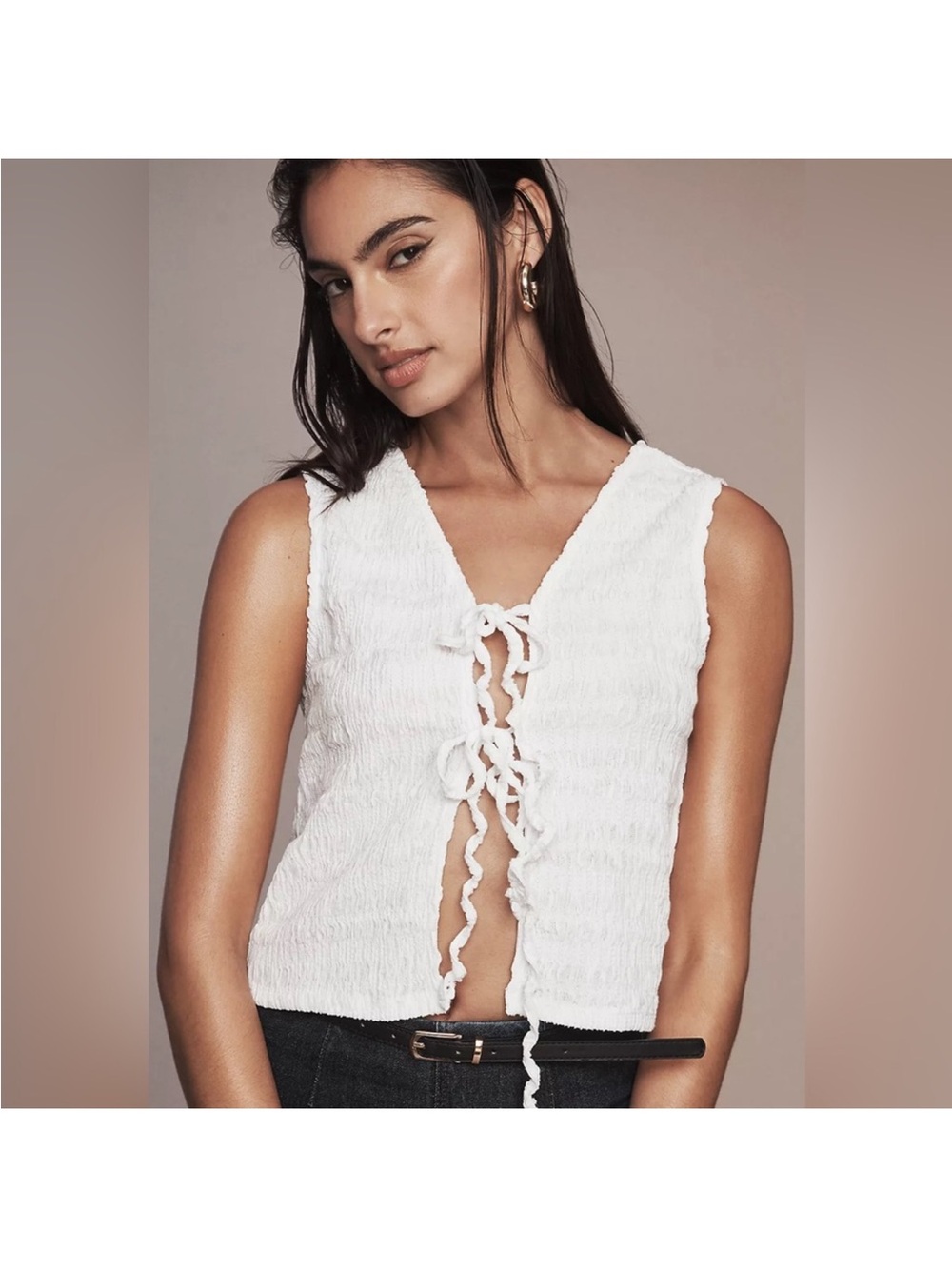 Anthropologie White Sleeveless Lace-Up Smocked Crop Top